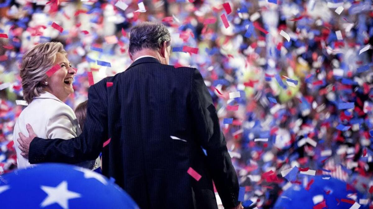 Democratic presidential candidate Hillary Clinton and vice presidential candidate Sen. Tim Kaine on the final day of the Democratic National Convention.
