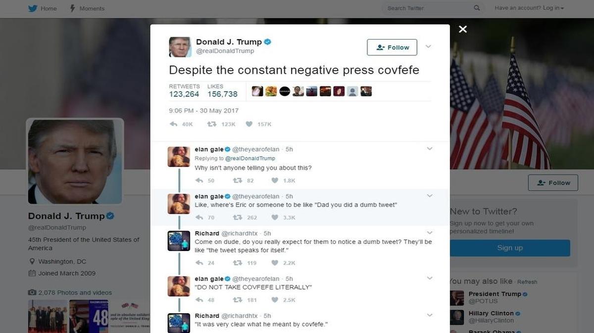 This screen grab shows the “covfefe” tweet from President Donald Trump which has social media trying to find a meaning in the mysterious term “covfefe.”