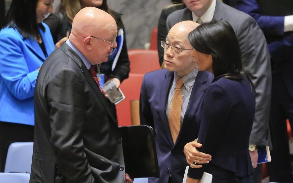 US Ambassador Nikki Haley confers Monday with Ambassadors Vasily Nebenzya of Russia and Liu Jieyi of Chinaafter the United Nations non-proliferation meeting on North Korea. That same day, Haley gave a speech that could signal the Trump administration’s plan for the Iran nuclear deal.