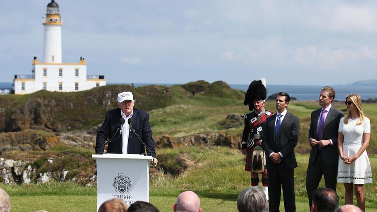 The presumptive Republican presidential nominee Donald Trump, in Scotland on personal business, salutes the United Kingdom vote to leave the European Union, saying voters “took back their country.”