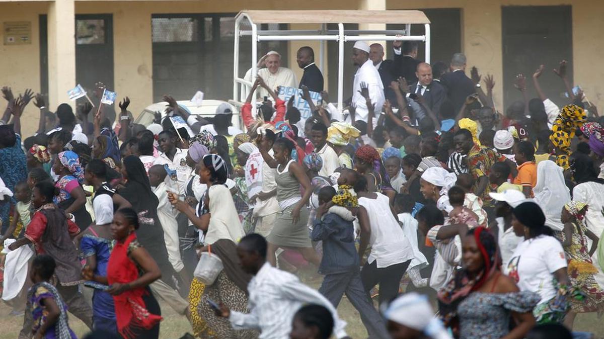 Pope Francis arrives for a visit last month at the Central Mosque in Central African Republic.