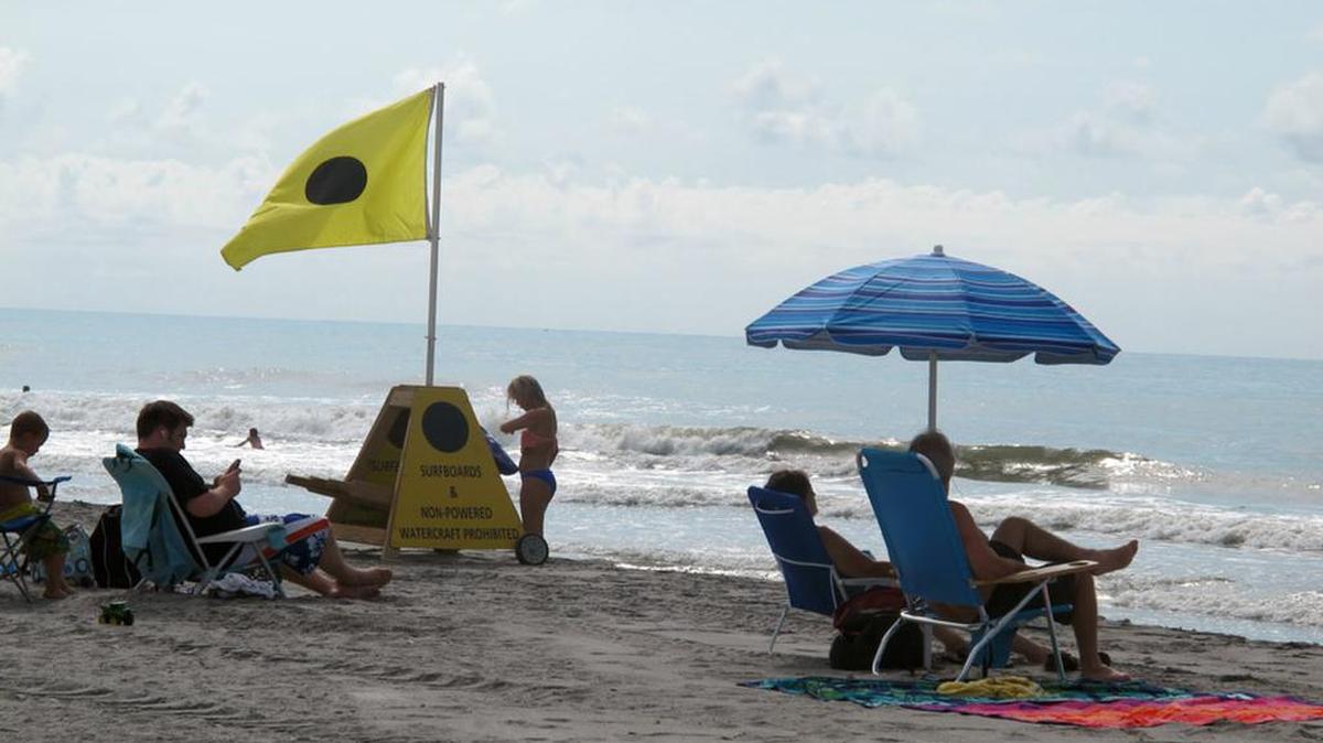 Vacationers enjoy the shore at Folly Beach.