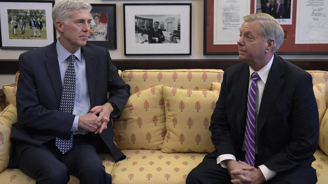Supreme Court nominee Judge Neil Gorsuch meets with South Carolina’s Sen Lindsey Graham in February.