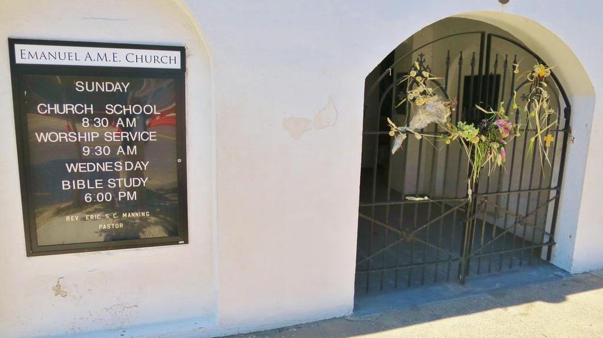 Two years after the massacre, people still leave flowers at the entrance to Charleston’s Emanuel AME Church.