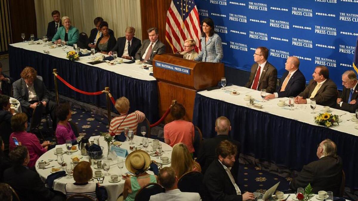 
SC Gov Nikki Haley speaks at the National Press Club in Washington on Wednesday.
