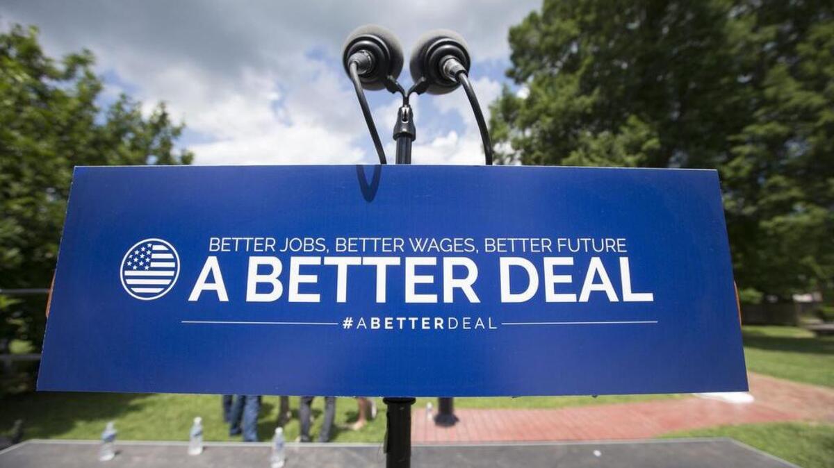 The empty podium before the speakers arrive at the Congressional Democratic Leadership’s press conference to introduce “A Better Deal: Better Jobs, Better Wages, Better Future,” their new economic agenda.