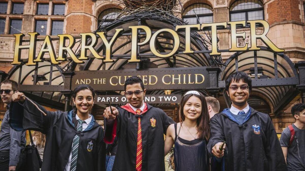 College students attend the opening night of “Harry Potter and the Cursed Child” in 2016, dressed, you might notice, like characters in the series.