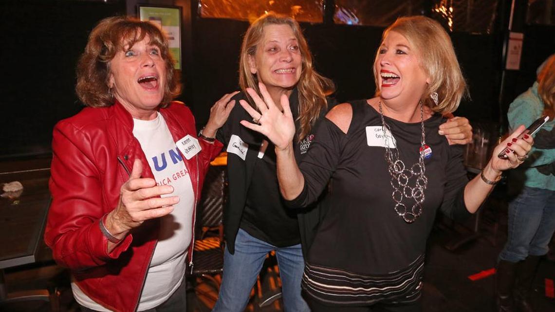 Donald Trump supporters Karen Jeffrey, Wanda Gamache and Caryl Gayle celebrate the victory in Columbia on Tuesday.
