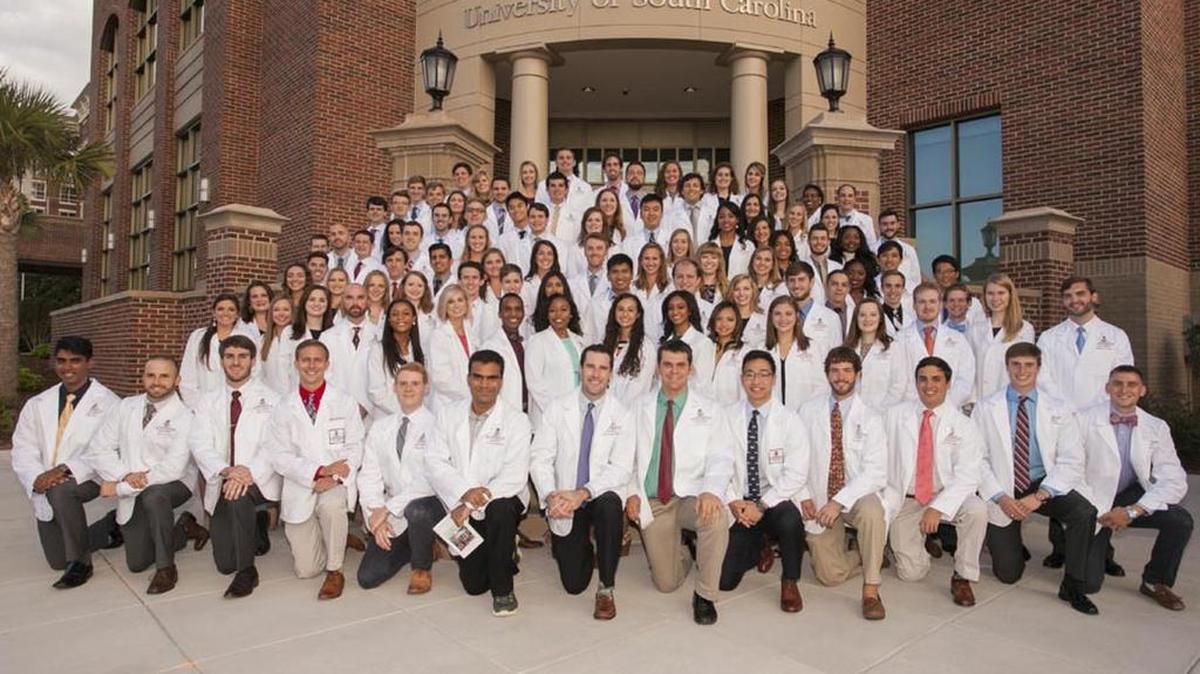 Members of the USC School of Medicine’s class of 2020 pose after the White Coat Ceremony that marks their entry into the medical profession.