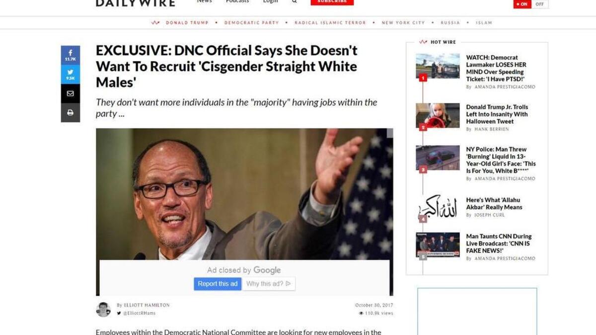 A screen shot of “The Daily Wire’s” article about the DNC’s anti-diversity missive.