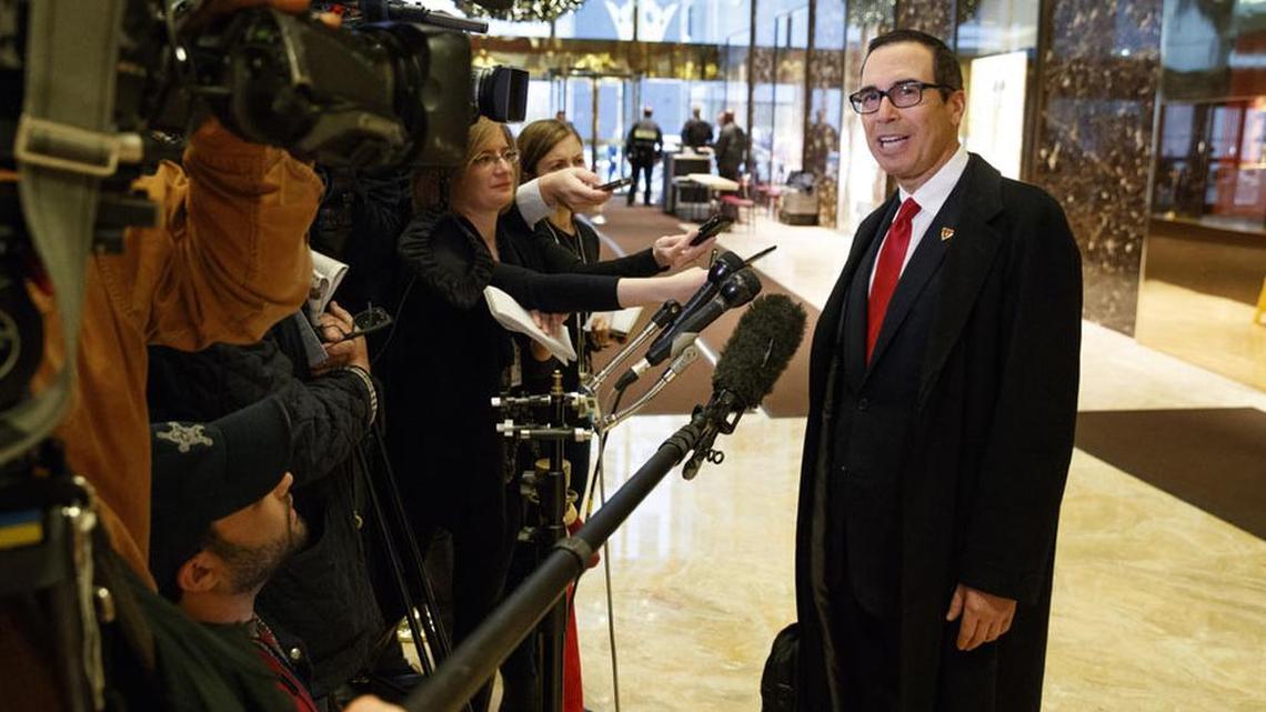 Steven Mnuchin, President-elect Donald Trump's nominee for Treasury Secretary, talks with reporters last month.