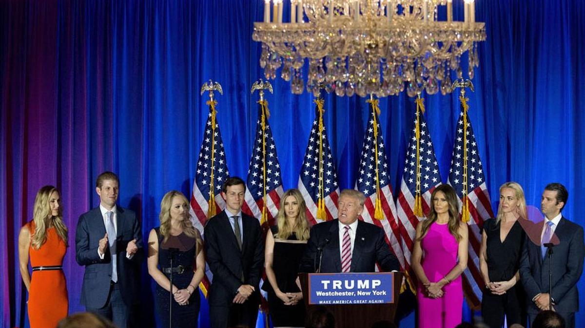 Republican presidential candidate Donald Trump is joined by his family Tuesday at a news conference at the Trump National Golf Club Westchester in Briarcliff Manor, N.Y.
