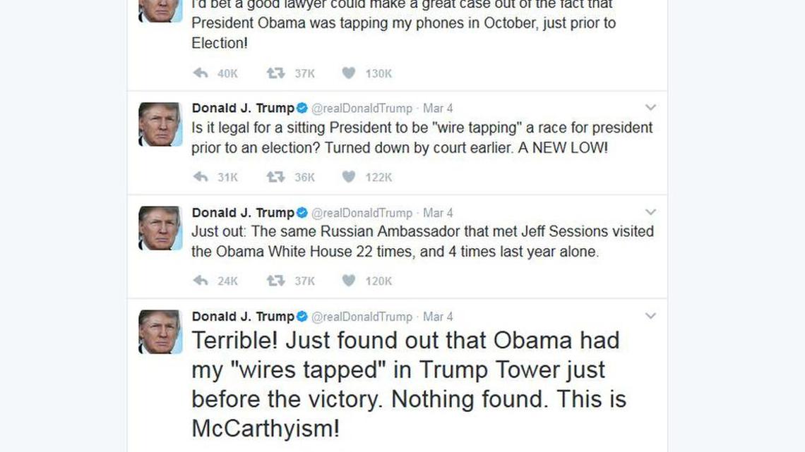 A screenshot shows some of President Trump’s Saturday morning tweets about former President Obama.