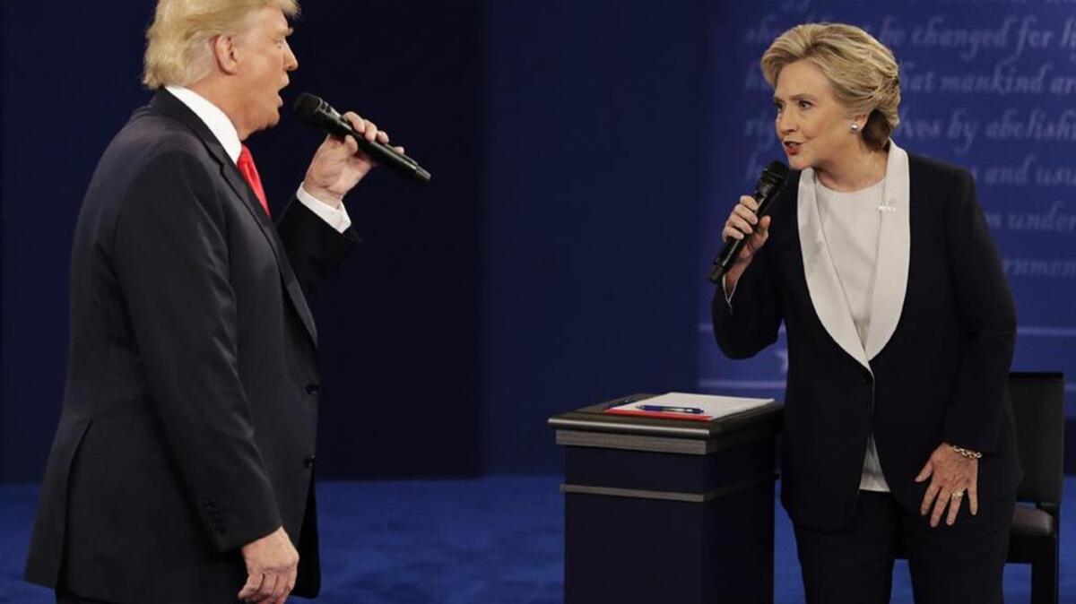 Republican Donald Trump and Democrat Hillary Clinton during an Oct 2016 debate.