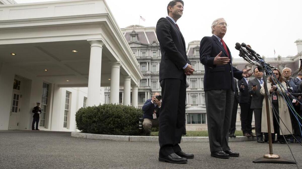House Speaker Paul Ryan and Senate Majority Leader Mitch McConnell field questions from reporters in February. Could they put together a grand deal with Democrats to get rid of Obamacare, and make other massive changes to government?