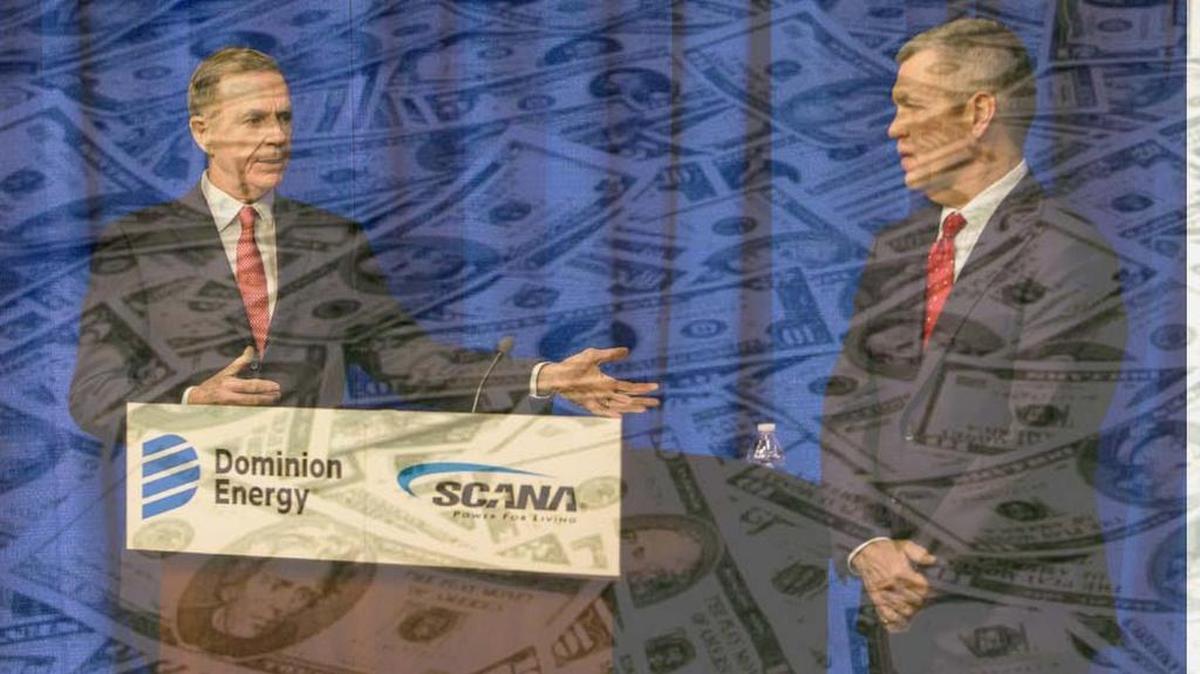 Dominion CEO Thomas Farrell and SCANA CEO Jimmy Addison announce their merger, complete with $1,000 rebates.