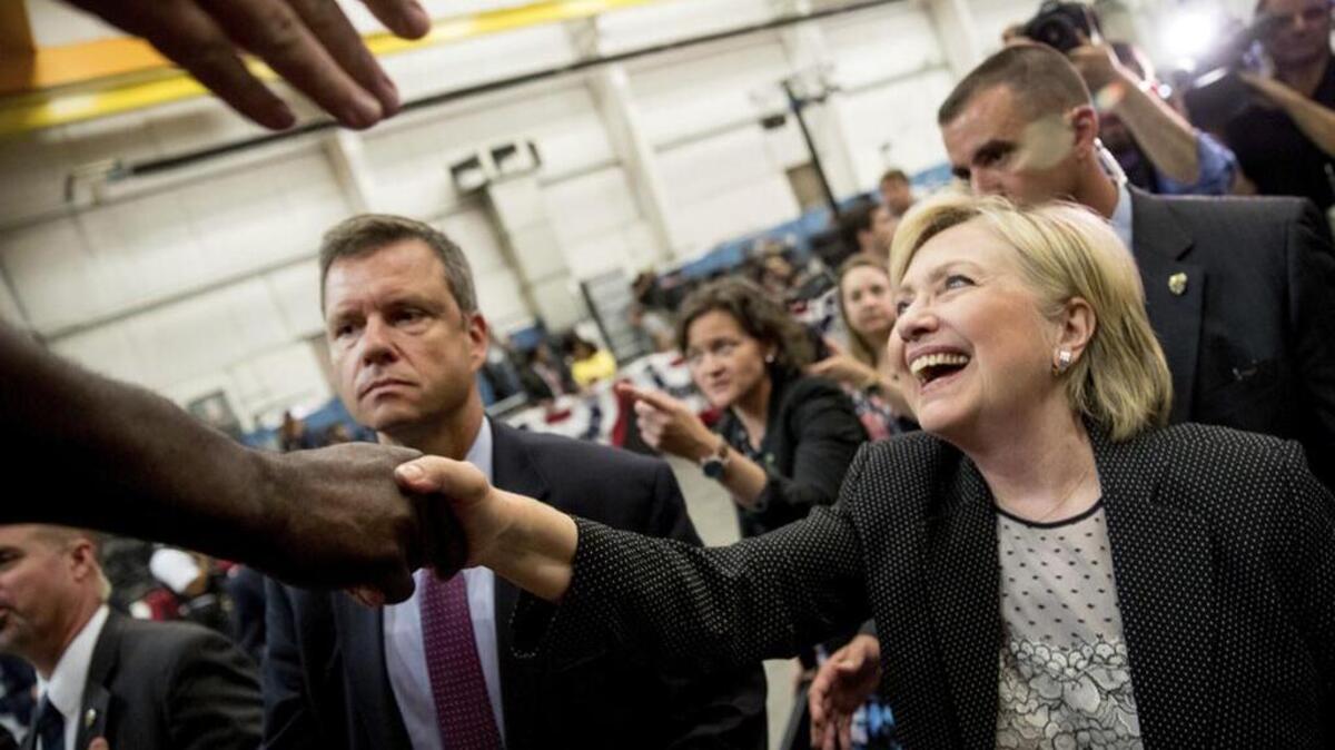 Democratic presidential candidate Hillary Clinton greets supporters after giving a speech on the economy on Thursday.