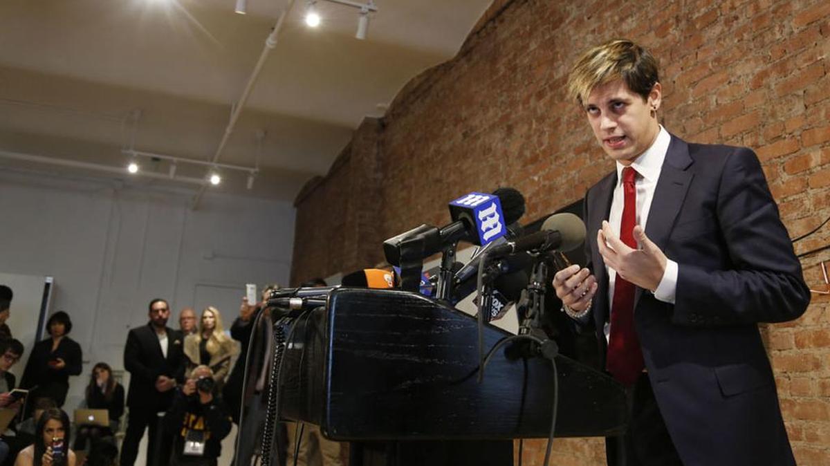 Milo Yiannopoulos speaks during a news conference Tuesday after resigning as editor of Breitbart Tech amid a firestorm from other conservatives over comments on sexual relationships between boys and older men.