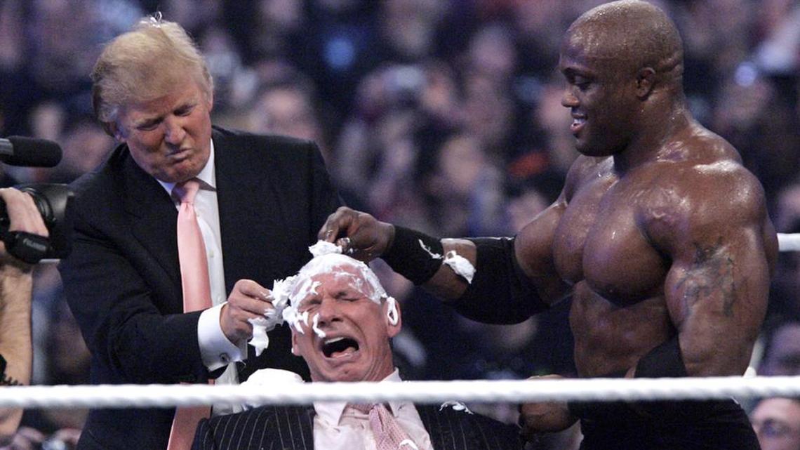 Donald Trump has brought professional wrestling sensibilities to the race for president. Here, he and Bobby Lashley shave the head of World Wrestling Federation chief Vince McMahon after Lashley defeated Umaga at Wrestlemania 23 in 2007.