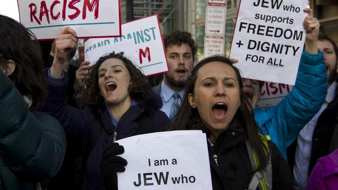 Demonstrators protest Donald Trump’s appearance at the 2016 American Israel Public Affairs Committee Policy Conference on Monday.