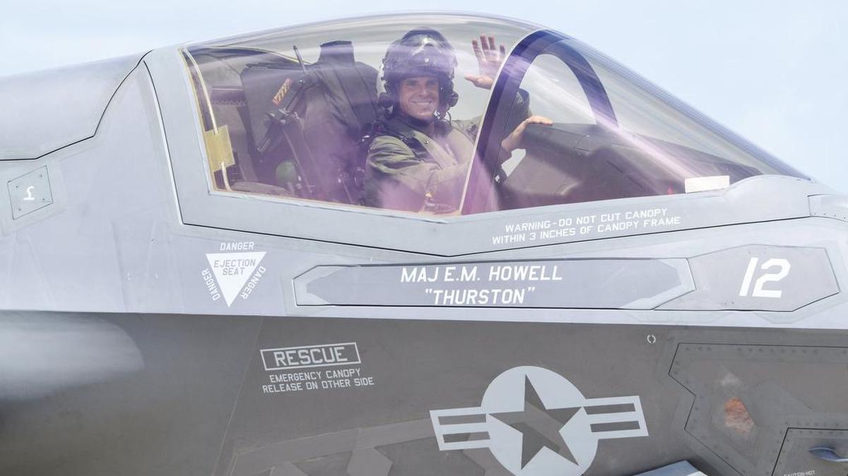 A pilot waves from the cockpit of his Marine Corps F-35 B at the Beaufort Air Show in April.