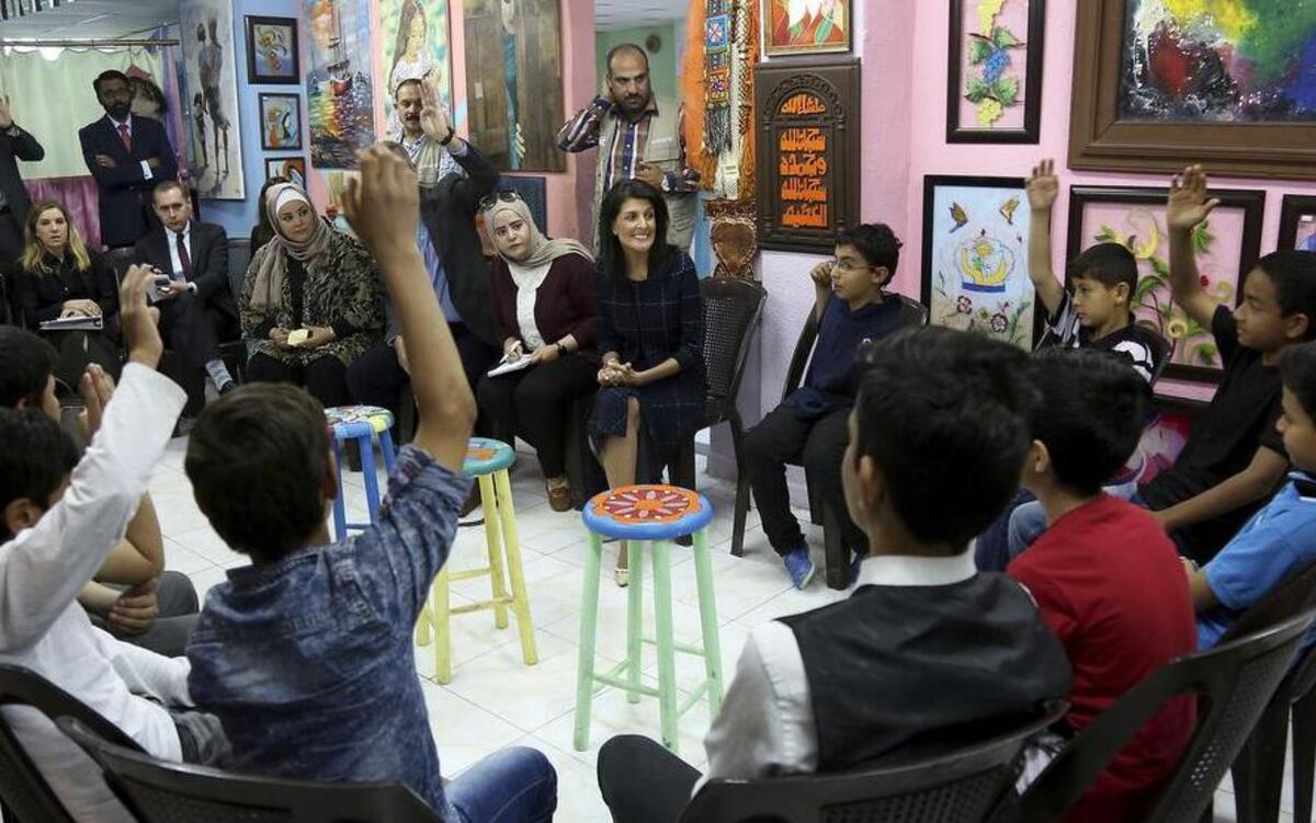 In May, 2017, Nikki Haley, US ambassador to the United Nations, meets with Iraqi and Syrian refugees in an after-school program in Amman, Jordan, that is partially funded by the United States. The former S.C. governor is pledging additional support for refugees fleeing Syria’s long civil war.