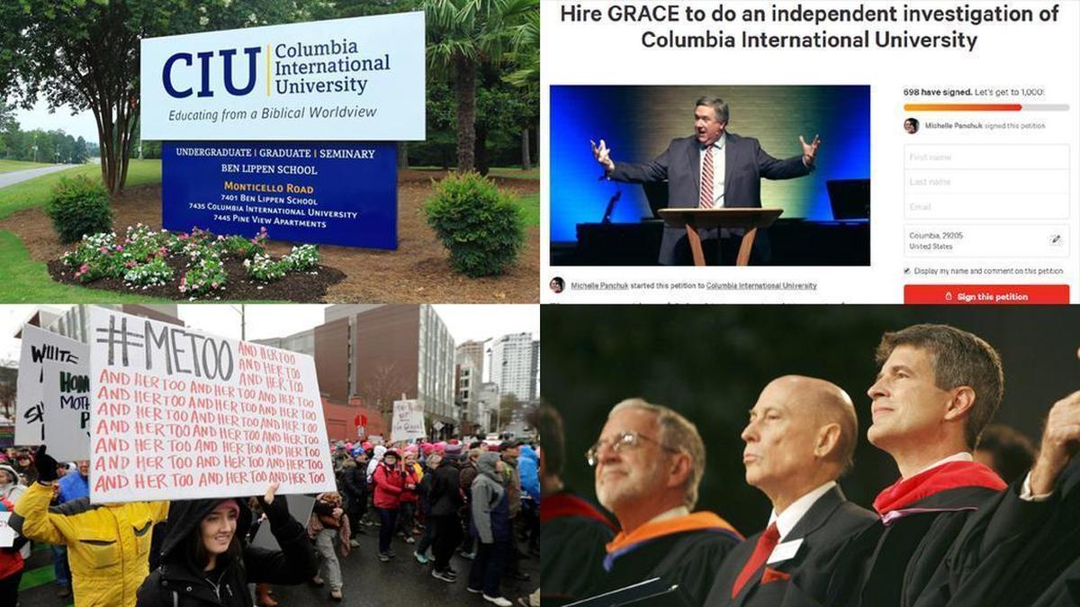 Allegations of abuse of power by Columbia International University President Mark Smith have led to other allegations against former President Bill Jones and denunciations of all the allegations. Clockwise from upper right are a picture of the entrance sign from CIU’s website, a screenshot of a change.org petition, Dr. Smith at his inauguration and an image from the #metoo movement.