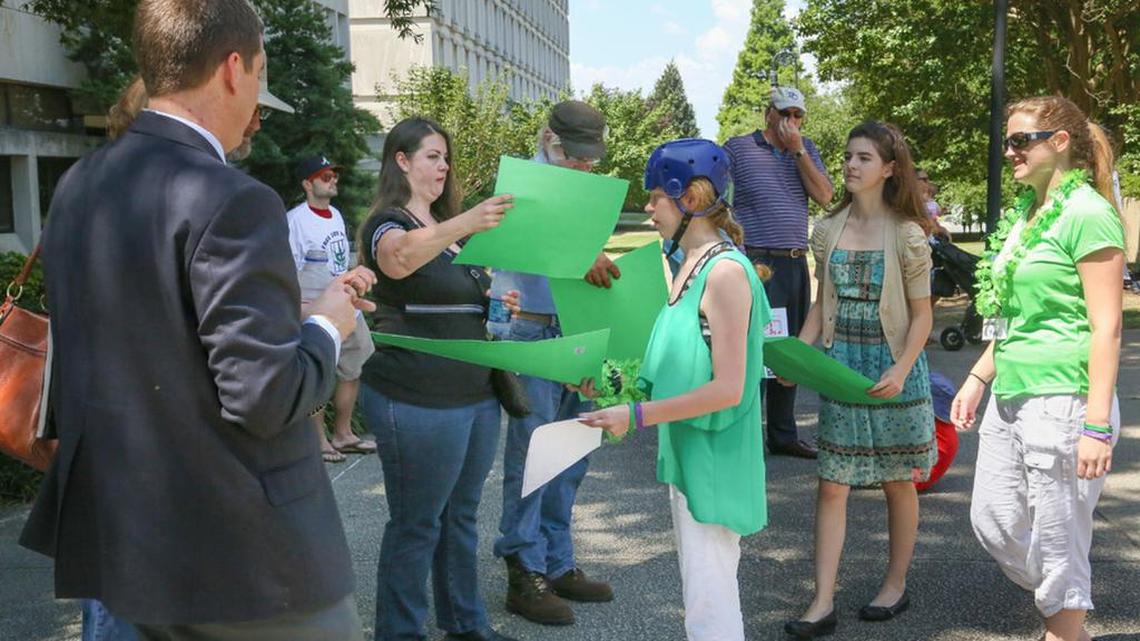 Dixie Pace of Greenville passes out posters with Melinda Dority and Jessi Pace at a rally at a 2015 rally to support legalizing the medical use of marijuana.