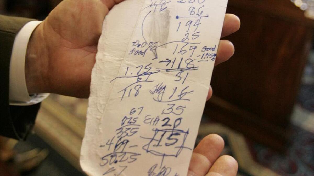 Then-Rep. Bill Cotty holds a piece of the Bernie’s Restaurant container he used to draft the property-tax compromise that became Act 388 that same week. And we wonder why it’s so messed up?