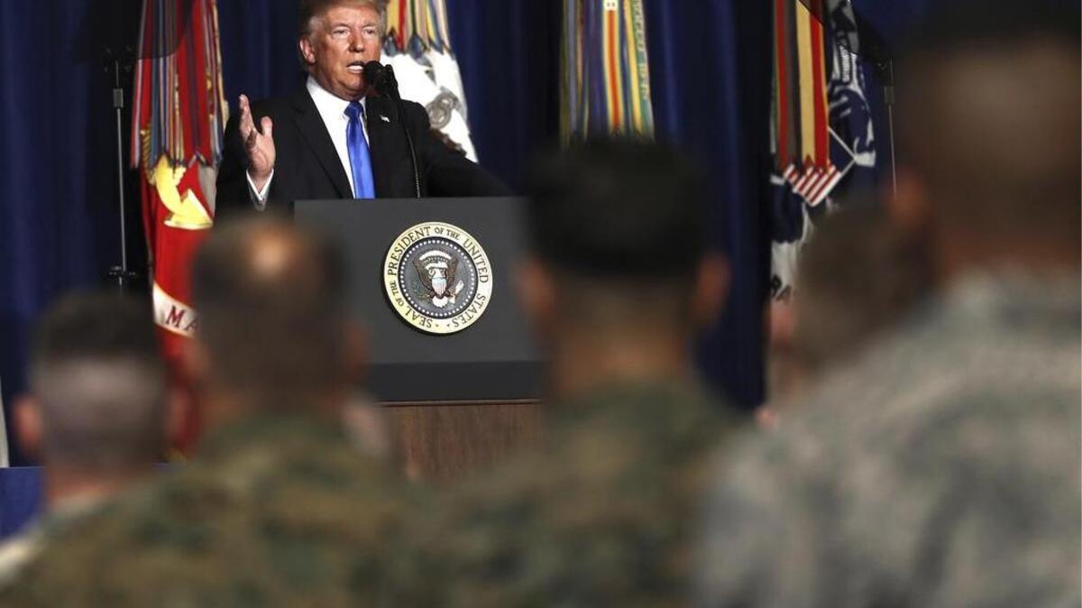 President Donald Trump speaks at Fort Myer in Arlington Va., Monday, in an address to the nation about a strategy he believes will best position the United States to eventually declare victory in Afghanistan.
