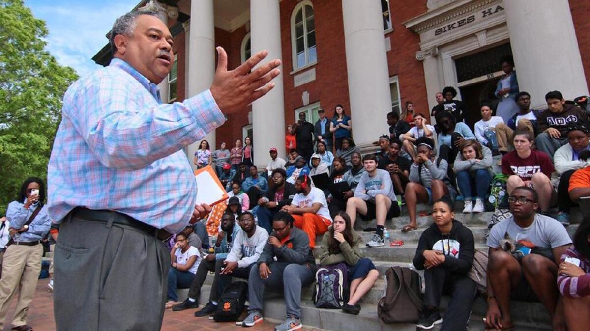 Clemson Chief of Staff Max Allen addresses students staging a sit-in to protest racial insensitivity and administrative inaction.