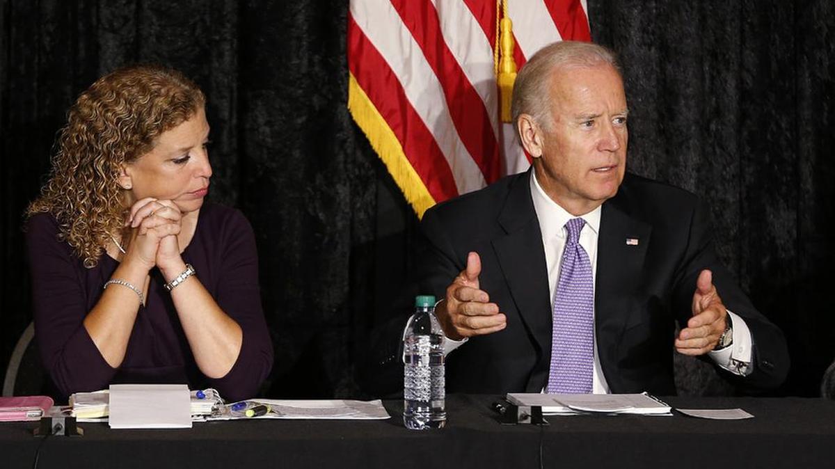 
Democratic National Committee Chairwoman Rep. Debbie Wasserman Schultz looks on as Vice President Joe Biden offers a robust defense of a nuclear accord with Iran during a speech Thursday to Jewish community leaders in Davie, Fla.
