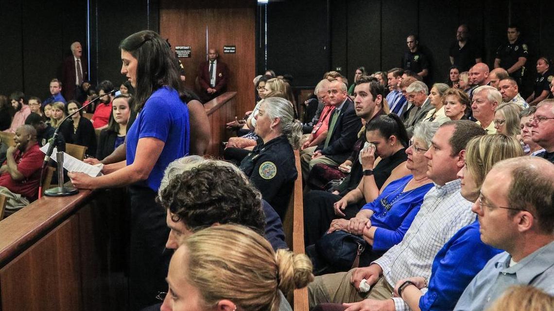 Kassie Alia, widow of slain Forest Acres police officer Greg Alia, addresses the court during the March sentencing of Jarvis Hall, the man who shot and killed her husband in 2015.