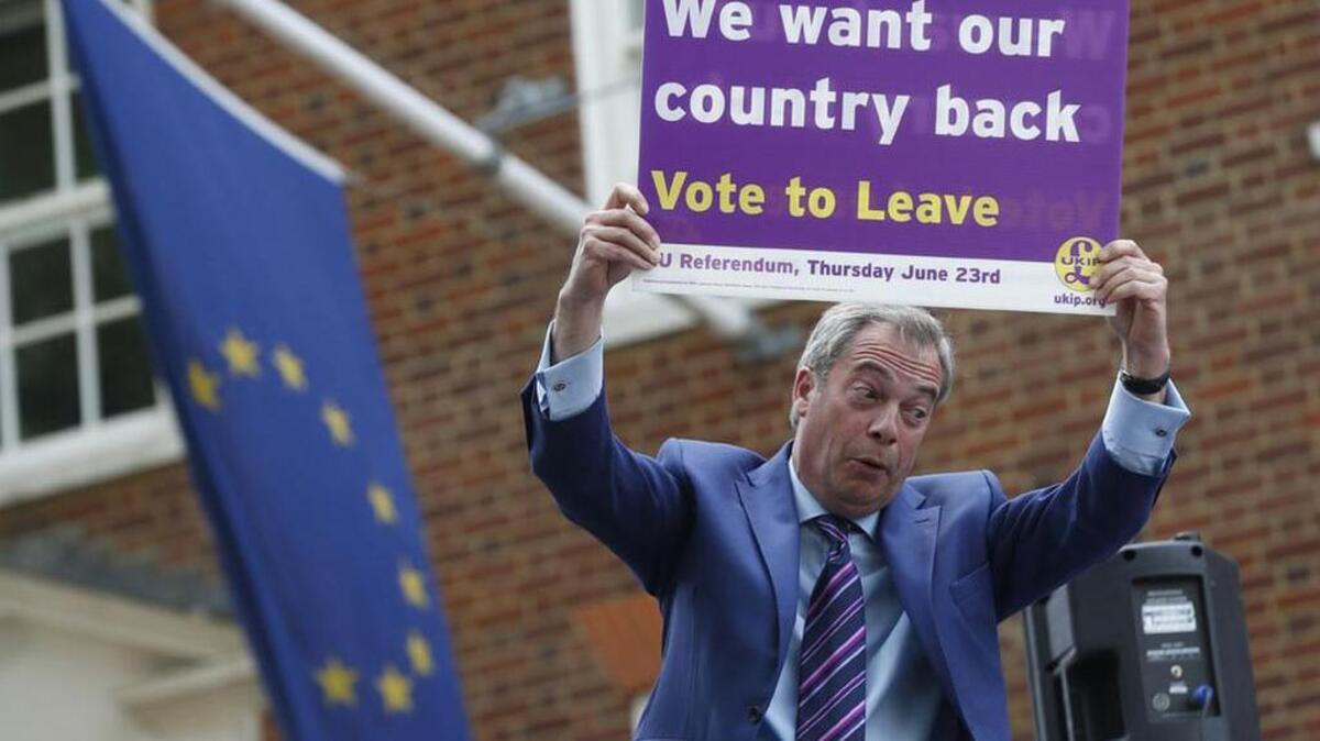 British politician and leader of the UKIP party Nigel Farage holds up a placard as he launches his party’s campaign for Britain to leave the EU.