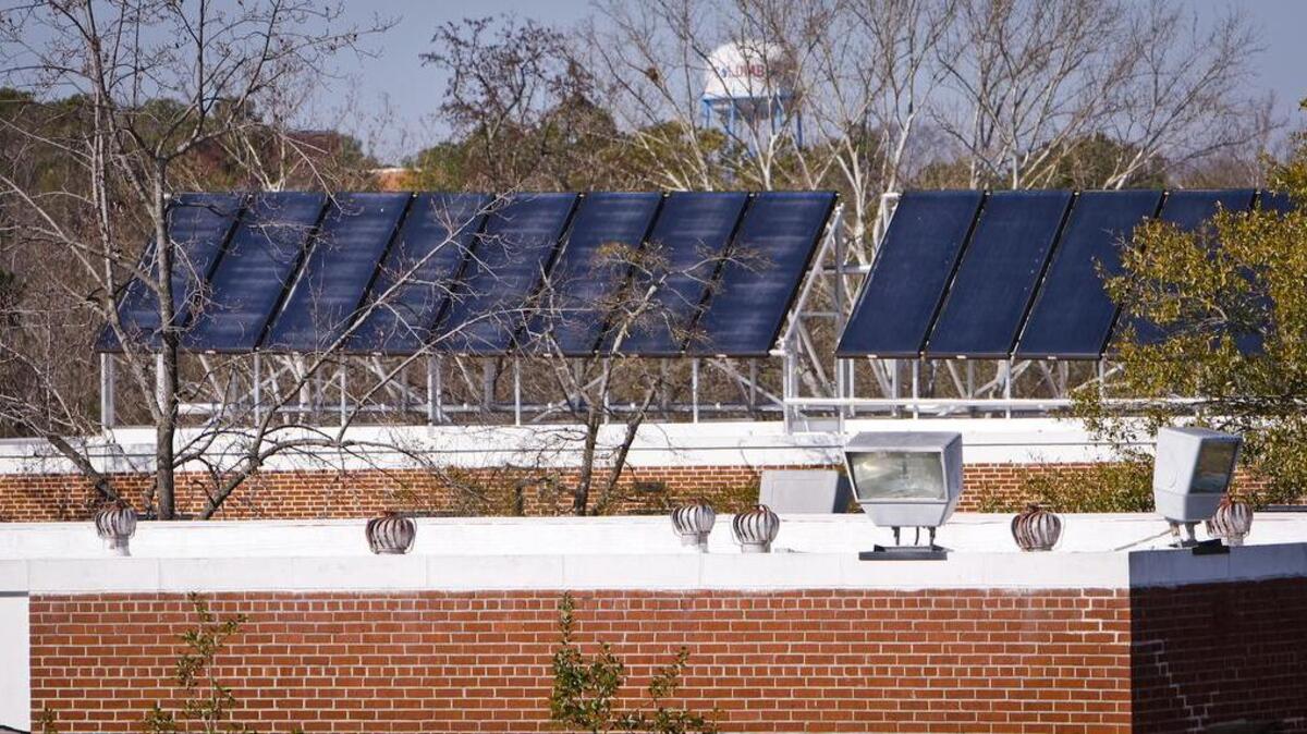 Solar panels are used for heating water in two dorm buildings at Columbia College.