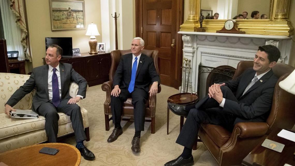 Will Vice President-elect Mike Pence, center, House Speaker Paul Ryan, right, and Trump Chief of Staff Reince Priebus, left, call the shots on domestic policy in the Trump administration? Some believe so.