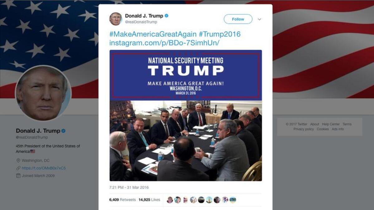 In this photo from President Donald Trump’s Twitter account, George Papadopoulos, third from left, sits at a table with then-candidate Trump and others at what is labeled at a national security meeting in Washington that was posted on March 31, 2016.
