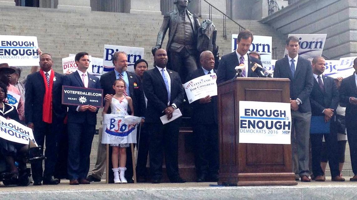 Sen Thomas McElveen speaks at the SC Democratic Party’s “Enough is Enough” campaign kickoff event last fall.