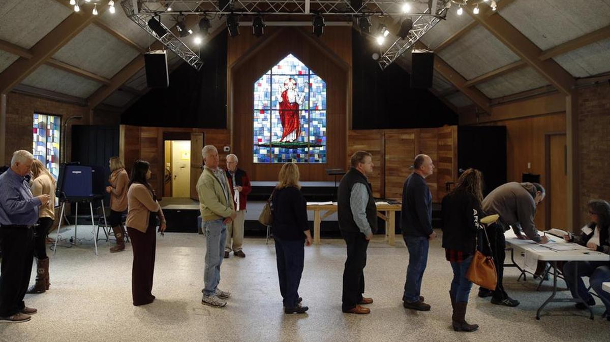 Voters line up at Mt. Horeb United Methodist Church in Lexington to cast ballots in the 2016 Republican presidential primary.