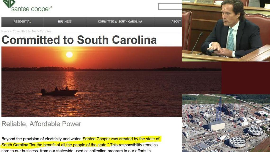 Clockwise from left: Santee Cooper’s website explains the utility’s obligations to all South Carolinians; Board Chairman Leighton Lord testifies before a Senate panel last month; an aerial shot of the VC Summer nuclear facility, with two new reactors under construction.