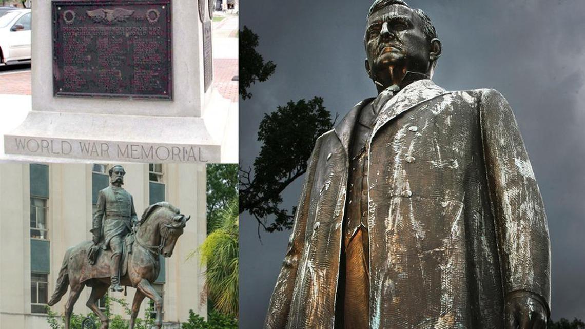 Clockwise from top: Greenwood’s segregated war memorial, the statue of Ben Tillman on the SC State House grounds and the statue of Wade Hampton on the State House grounds.