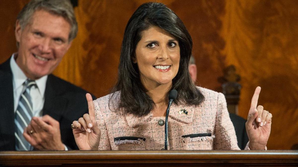 SC Gov Nikki Haley delivers the State of the State as Seate Republican Leader Harvey Peeler looks on.