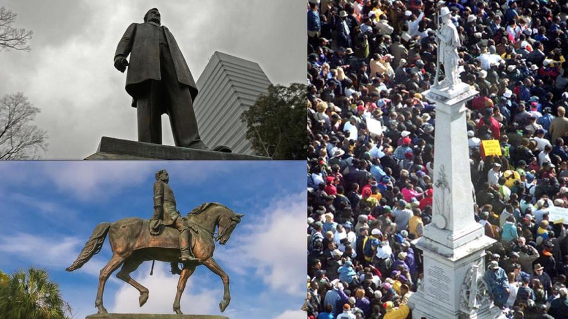Among the many statues on the SC State House grounds are those to, clockwise from top, Benjamin Tillman, Confederate soldiers and Wade Hampton.