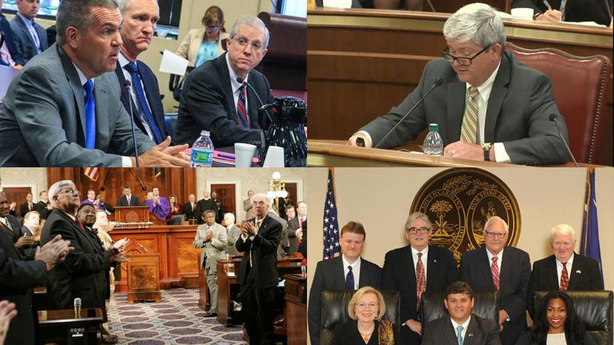 Clockwise from top left: SCANA CFO Jimmy Addison, Generation and Transmission Vice President Stephen Byrne and CEO Kevin Marsh; Santee Cooper President Lonnie Carter; PSC Commissioners; the 2007 Legislature.
