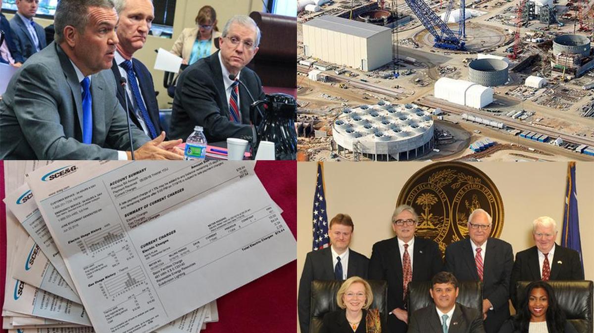 Clockwise from top left: SCANA officials testify before the SC Public Service Commission; the VC Summer nuclear facility; Public Service Commissioners; SCE&G bills.