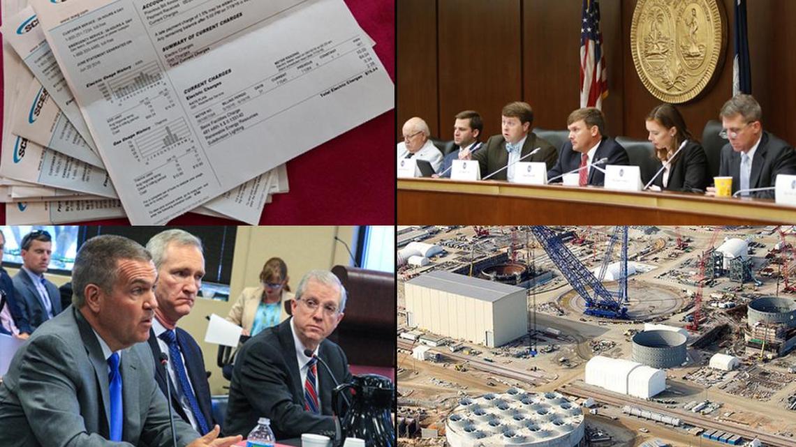 Clockwise from top left: SCE&G bills; the special SC House panel hears testimony from SCANA officials; the VC Summer nuclear facility; top SCANA executives.