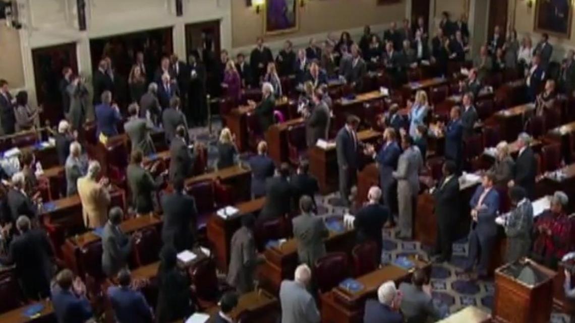 SC Supreme Court justices, standing along the back wall, join legislators, judges and constitutional officers in the House chamber in January for Gov Henry McMaster’s state of the state address.
