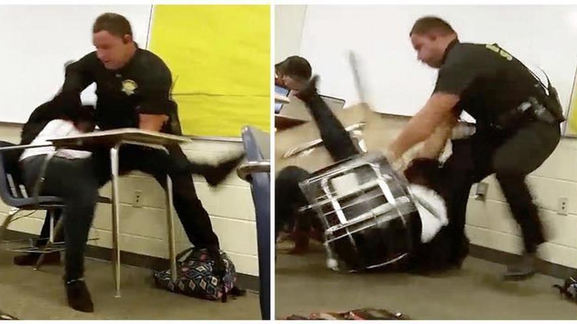This three-image combo made from video taken by a Spring Valley High School student shows then-Richland County Senior Deputy Ben Fields trying to remove a student from her chair after she refused to leave her high school math class.