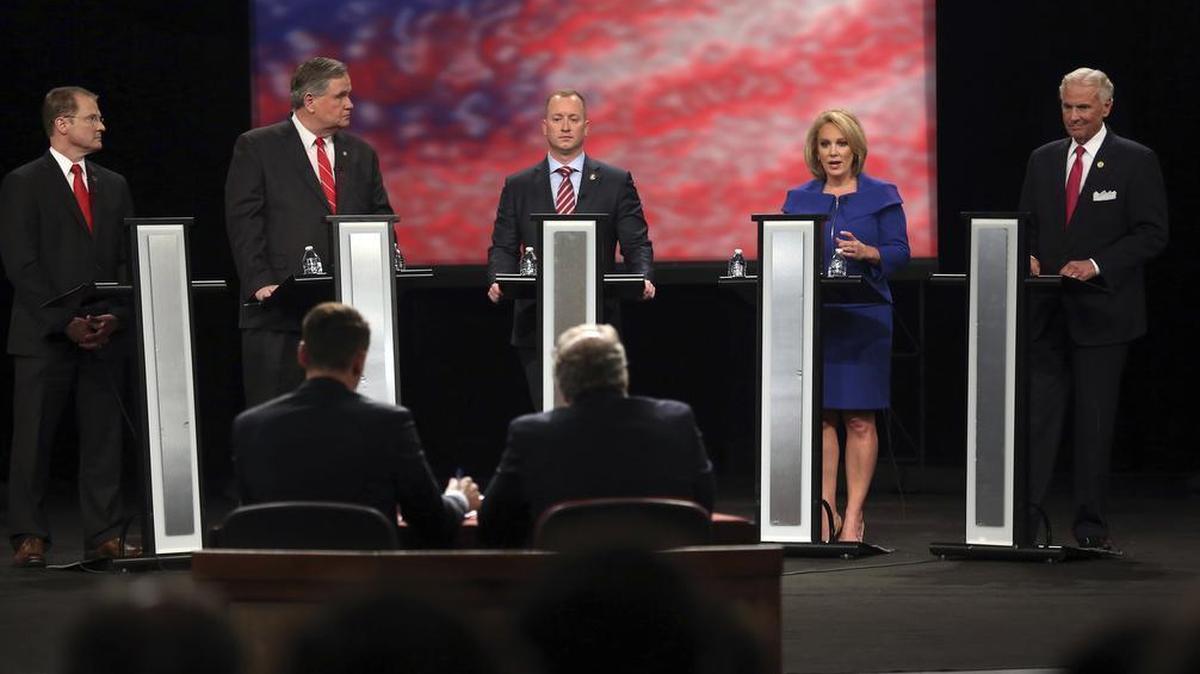 SC Republican candidates governor, from left, Lt Gov Kevin Bryant, Yancey McGill, John Warren, Catherine Templeton and Gov Henry McMaster, debate at Clemson University on Wednesday, May 23, 2018.