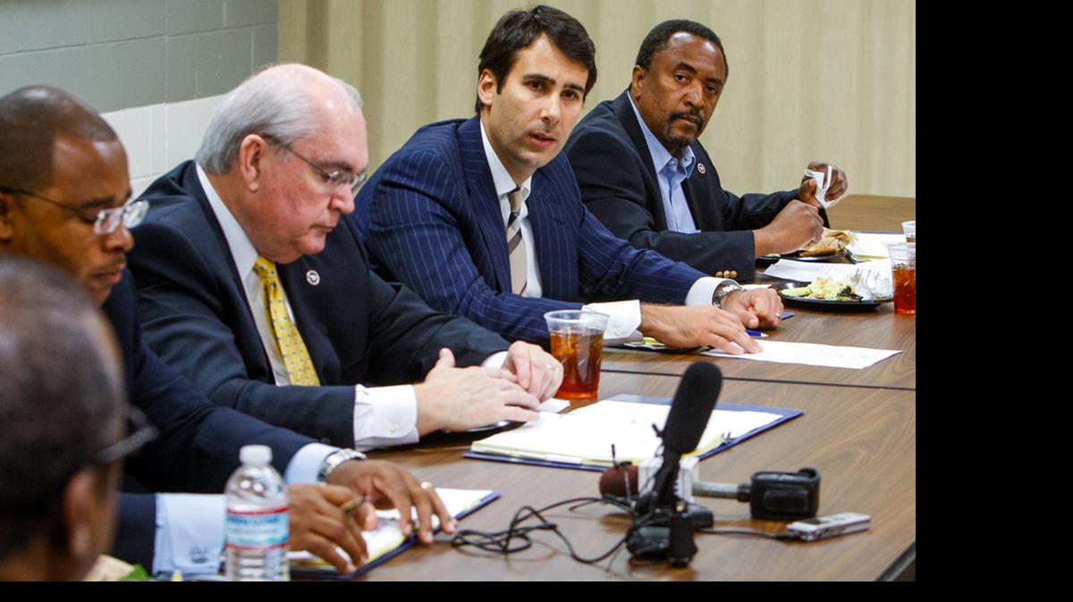 
Richland County Council members Torrey Rush, Greg Pearce, Seth Rose, Norman Jackson and Kelvin Washington discuss the county jail in this 2013 photo. Only Mr. Pearce and Mr. Rose think voters have a right to know how council members vote.

